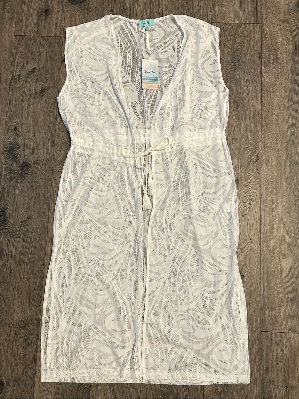 Sheer White Leaf-Pattern Swim Coverup with Tie Waist